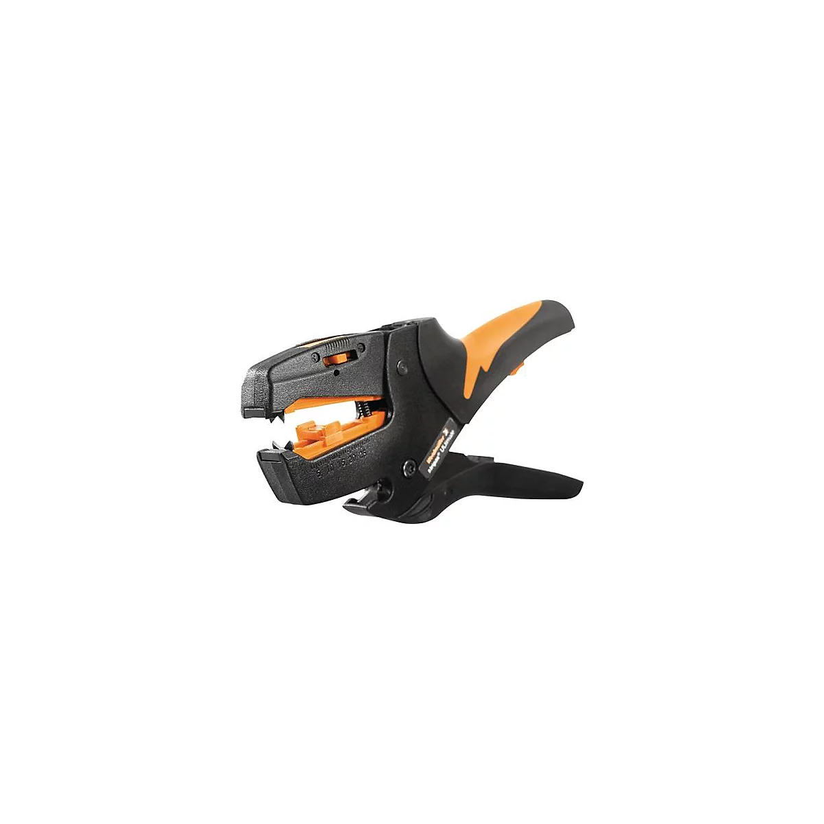 Zwarte en oranje draadstripper. De handgrepen zijn ergonomisch gevormd, gemarkeerd met maten.