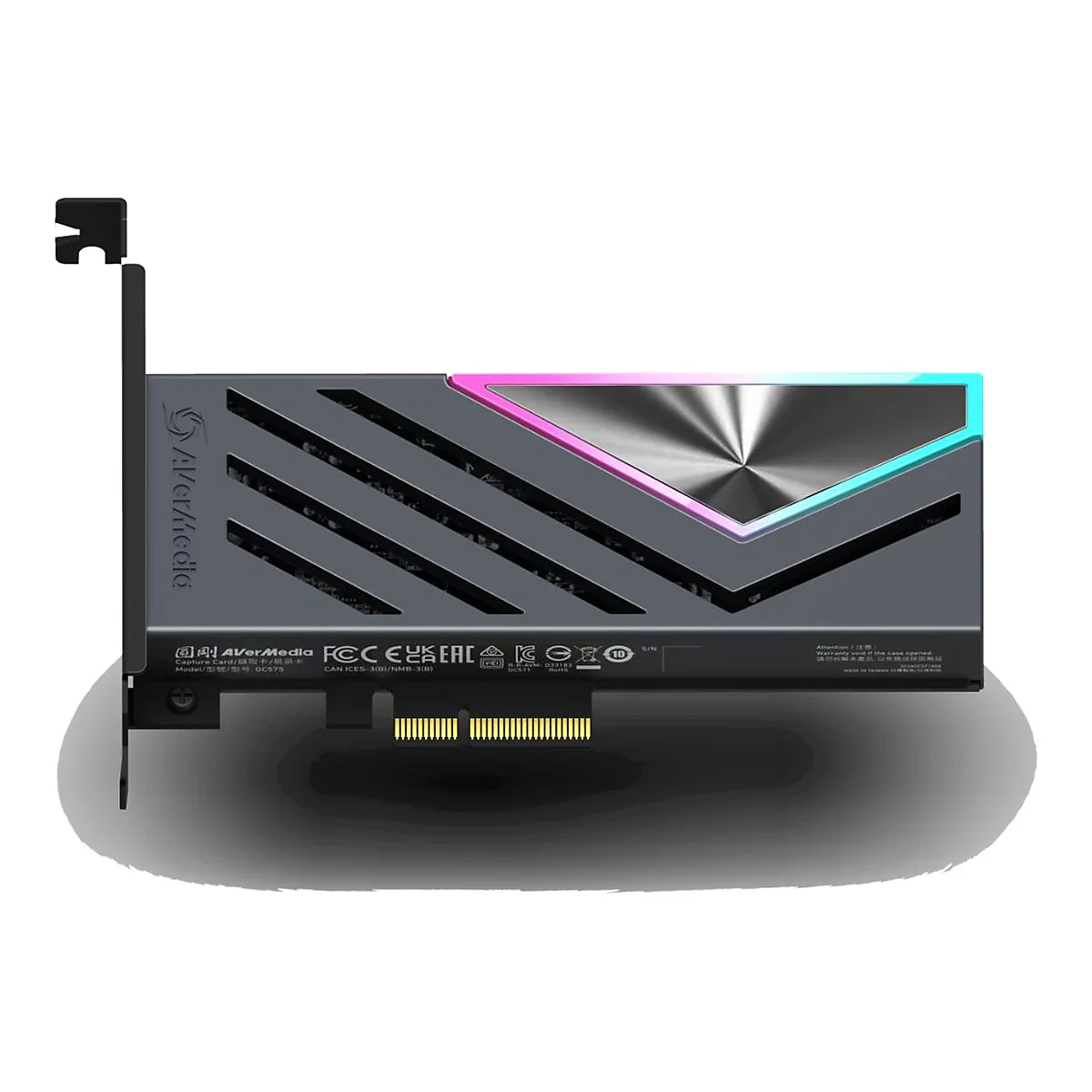 AVerMedia Capture Card mit grauem Gehäuse, RGB-Leuchtelementen und PCIe-Anschluss vor weißem Hintergrund.