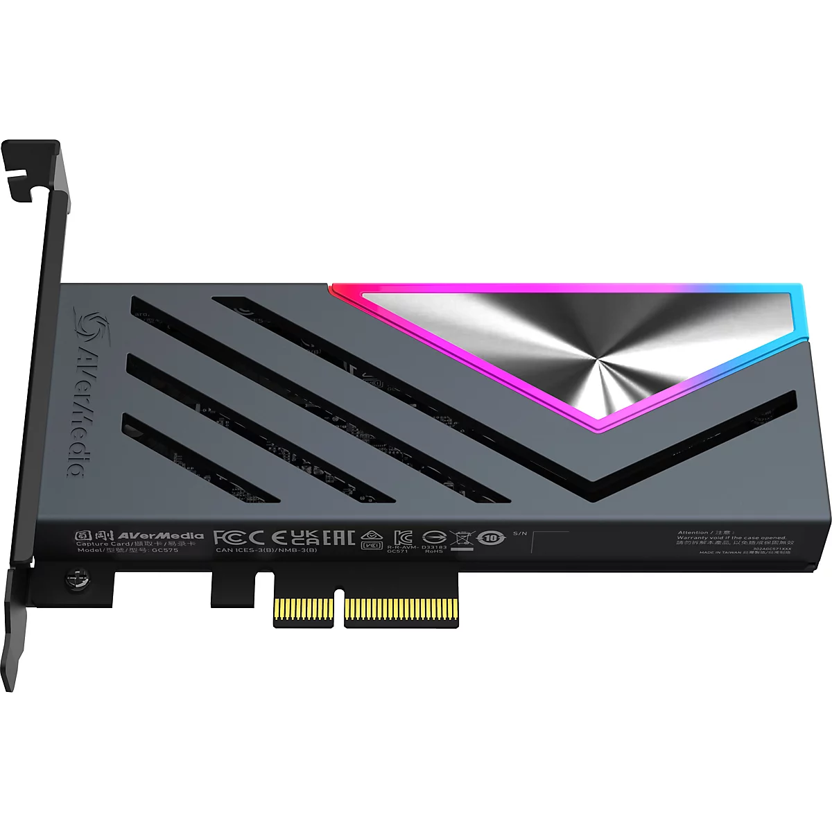 AVerMedia Capture Card GC575 mit grauer Abdeckung, RGB-Lichtleiste und PCIe-Anschluss auf weißem Hintergrund.