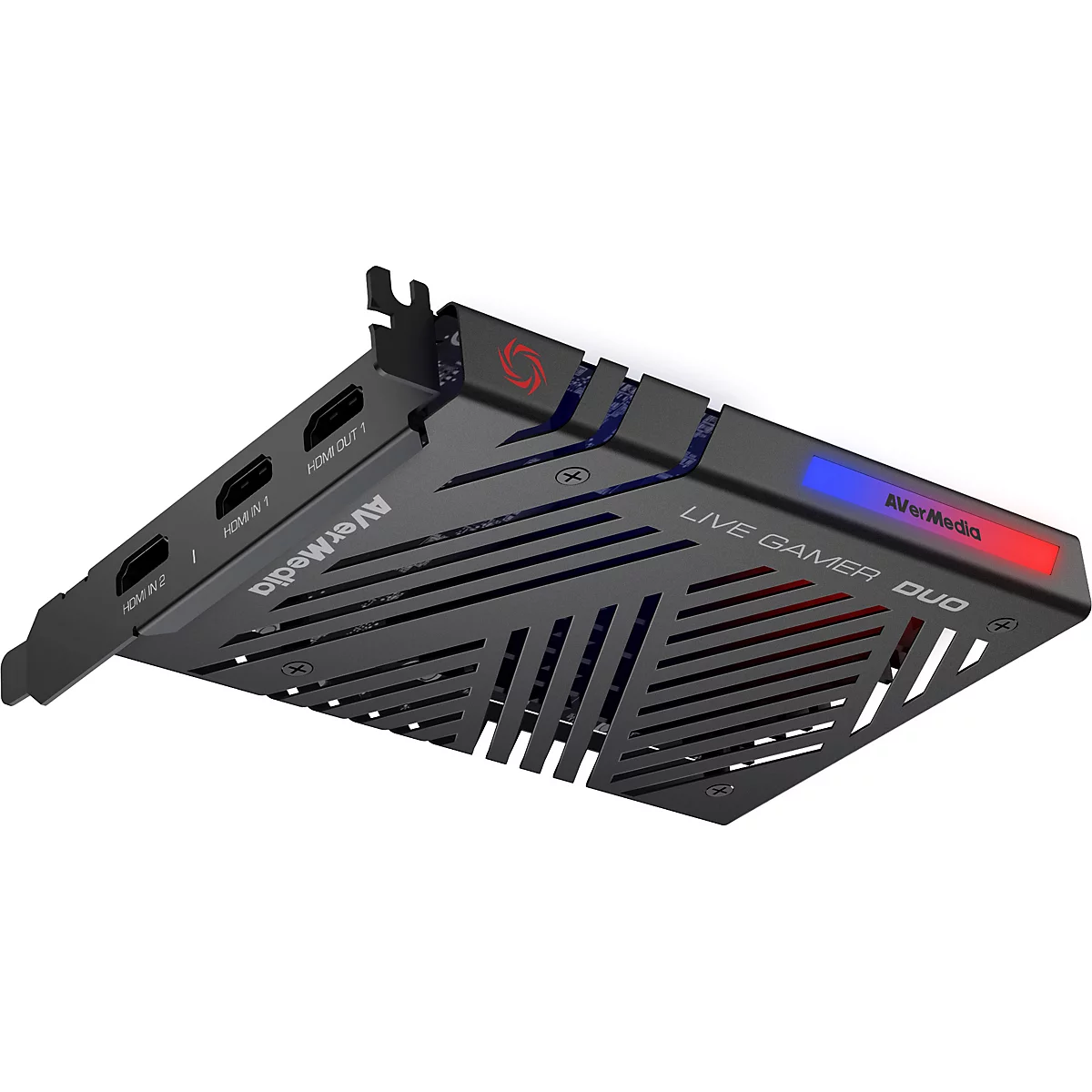 AVerMedia Live Gamer DUO Capture-Karte in Schwarz mit HDMI-Anschlüssen und beleuchtetem Logo auf weißem Hintergrund.