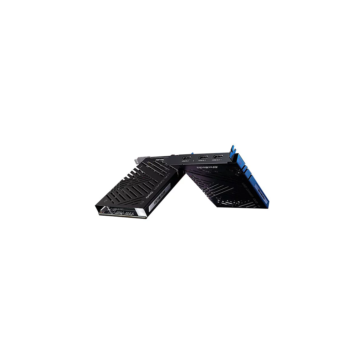 Zwei schwarze AVerMedia Live Gamer DUO Capture Cards vor weißem Hintergrund.