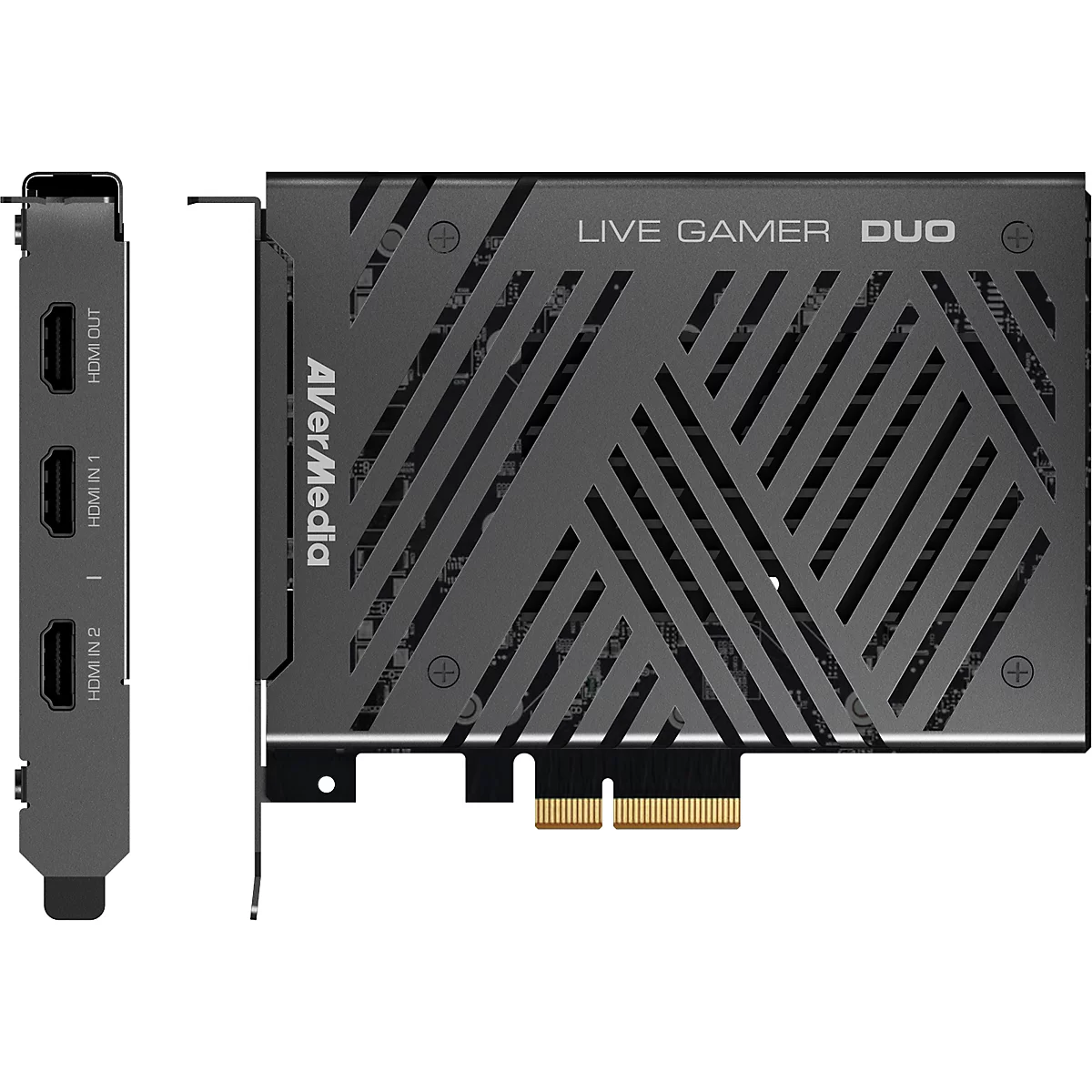 AVerMedia Live Gamer DUO Capture Card vor weißem Hintergrund, Anschlüsse links und Karte rechts sichtbar.