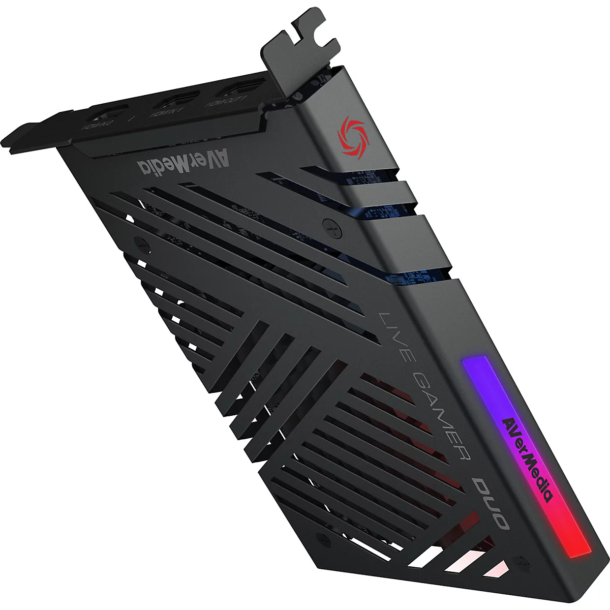Schwarze AVerMedia Live Gamer Duo Capture-Card mit LED-Leiste vor weißem Hintergrund.