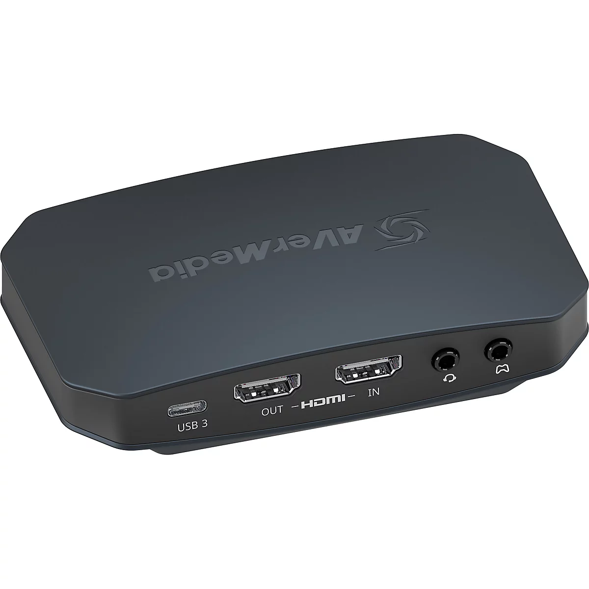 Schwarze AVerMedia Capture Card mit USB-C, HDMI-Ein- und Ausgang sowie Audio-Anschlüssen.