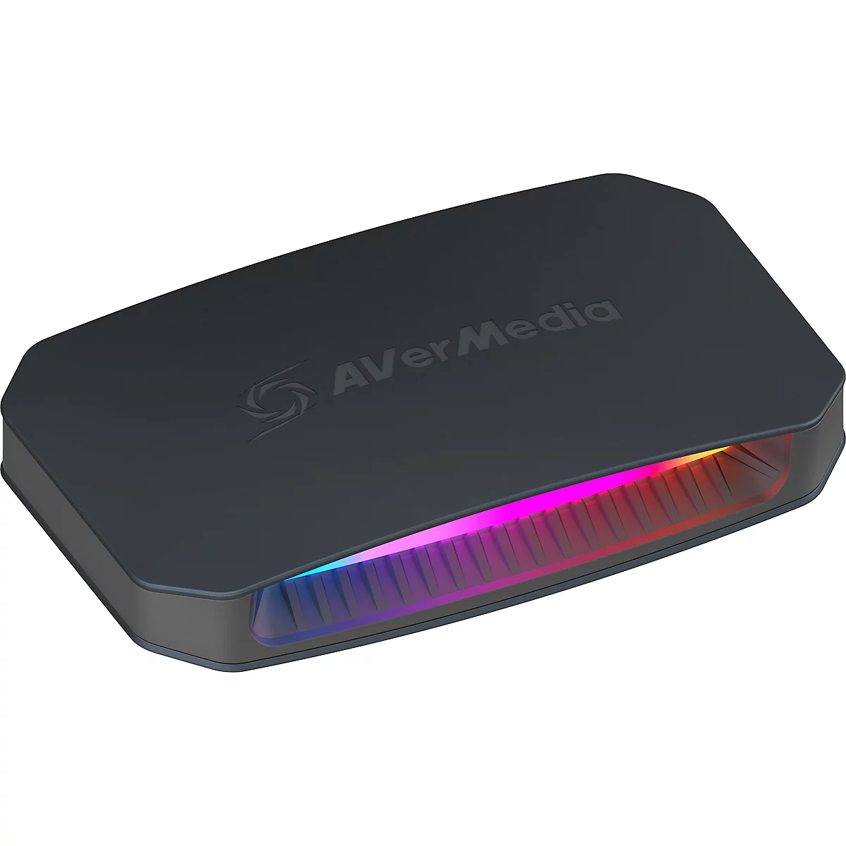 Schwarze AVerMedia Capture Card mit RGB-Beleuchtung an der Front, isoliert auf weißem Hintergrund.