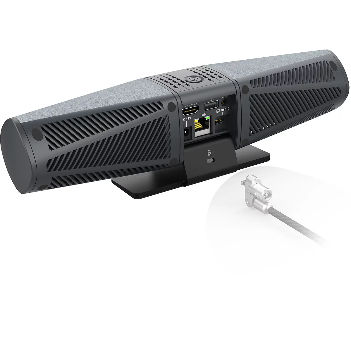 Rückseite einer Konferenz-Soundbar mit Anschlüssen, Ständer und einem separaten Sicherheitskabel vor weißem Hintergrund.