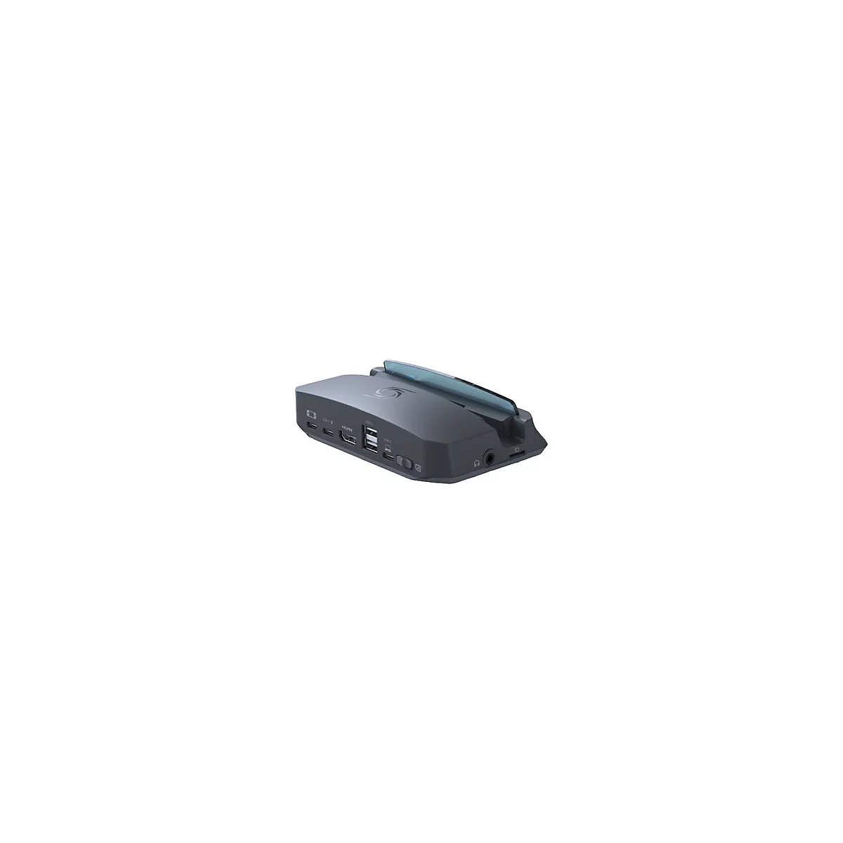 Graue Gaming-Dockingstation für Handheld-Konsolen mit zahlreichen USB-, HDMI- und Audio-Anschlüssen.