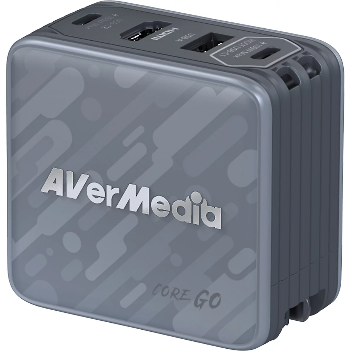Grauer AVerMedia Core Go USB-C Docking-Hub mit HDMI- und USB-Anschlüssen in kompakter, rechteckiger Form.
