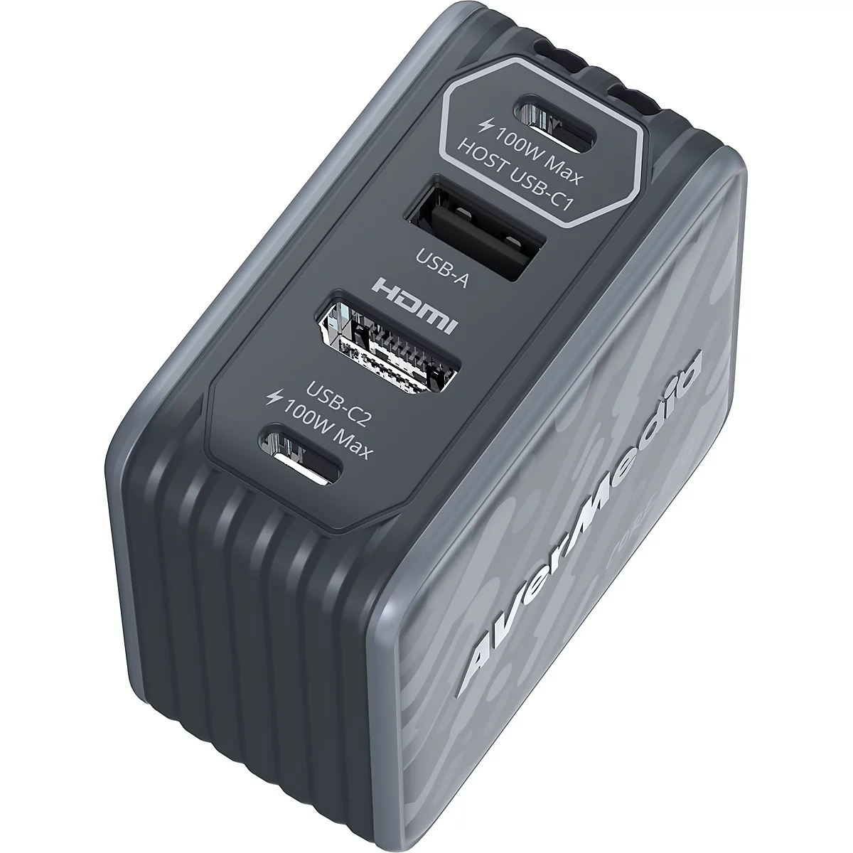 AverMedia Docking-Station mit zwei USB-C-, einem USB-A- und einem HDMI-Anschluss vor neutralem Hintergrund.