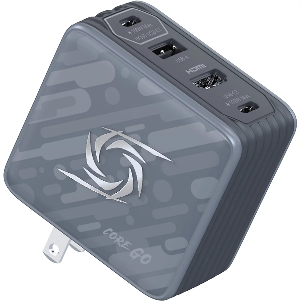 Graues USB-C Ladegerät Core Go mit mehreren Anschlüssen für USB-C, USB-A und HDMI vor weißem Hintergrund.
