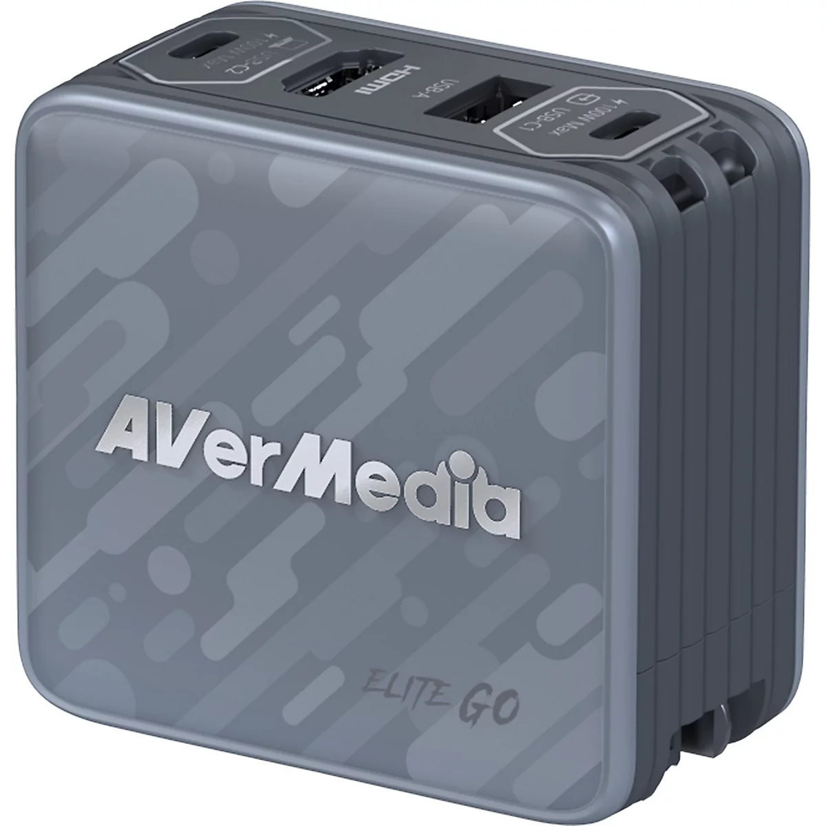 Grauer AVerMedia Elite Go Reiseadapter mit mehreren USB-C, USB-A und HDMI-Anschlüssen.