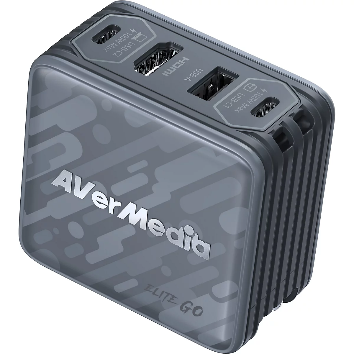 Kompakter, grauer AVerMedia ELITE GO Hub mit USB-C, HDMI und USB-A Anschlüssen vor neutralem Hintergrund.