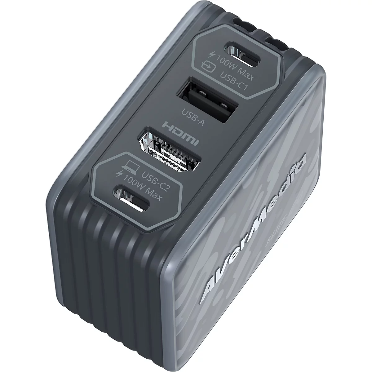 Kompakter AverMedia USB-C-Hub mit HDMI, USB-A und zwei 100W USB-C-Anschlüssen in Grau.