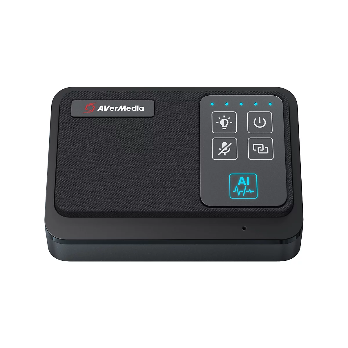 Schwarzes AVerMedia-Steuergerät mit Bedienfeld und blau leuchtenden Symbolen auf weißem Grund.