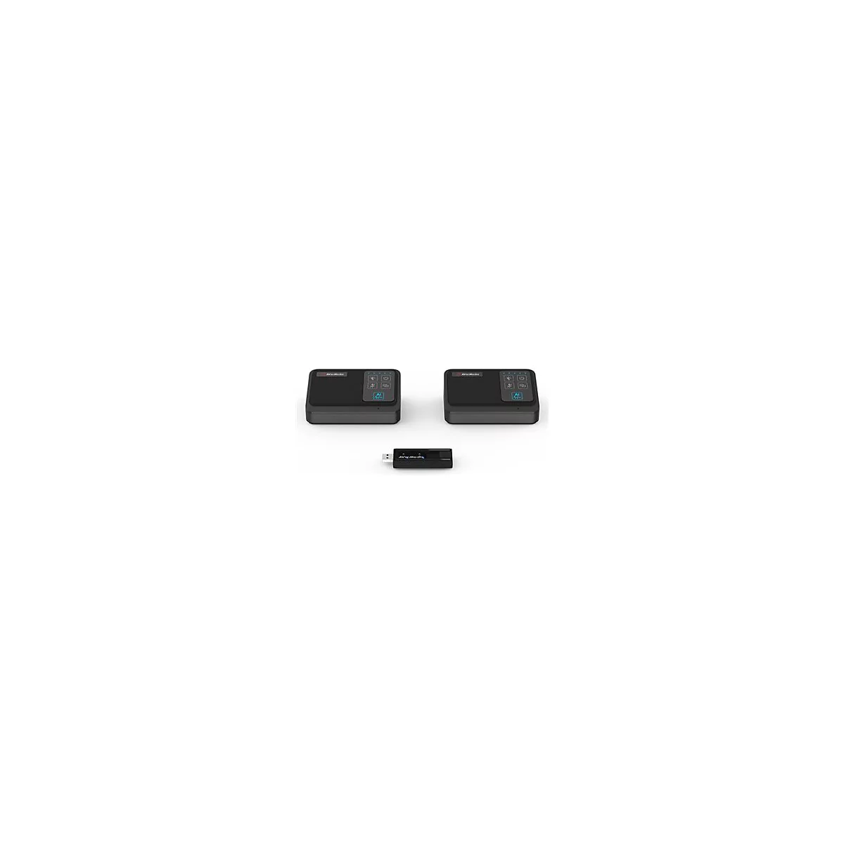 Zwei schwarze AVerMedia Audio-Module und ein USB-Dongle auf weißem Hintergrund.