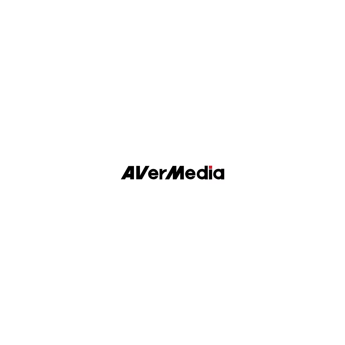 Das schwarze AVerMedia Logo auf weißem Hintergrund mit einem kleinen roten Quadrat über dem i.