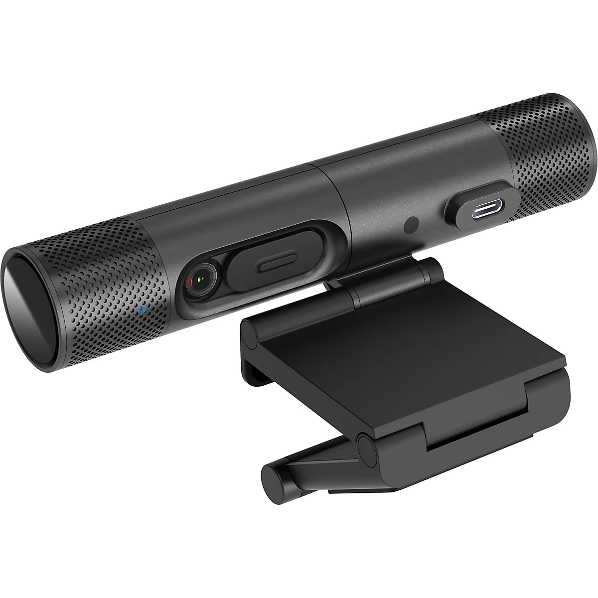 Schwarze zylindrische Webcam mit integriertem Standfuß und USB-C-Anschluss vor weißem Hintergrund.