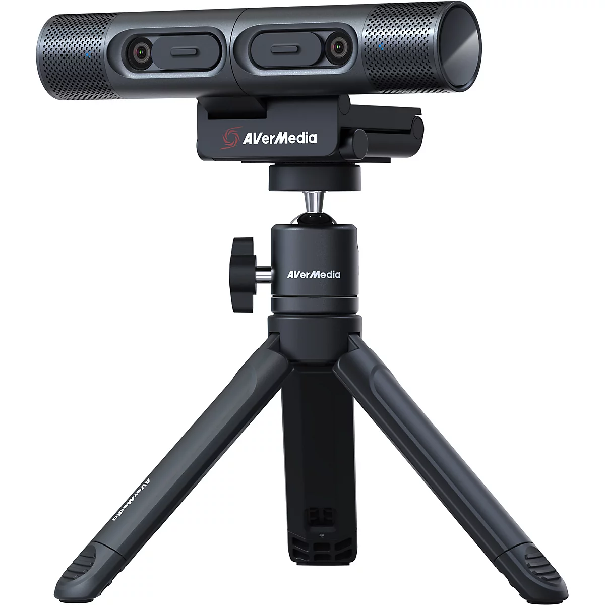 AVerMedia Webcam auf einem kompakten Stativ vor weißem Hintergrund.