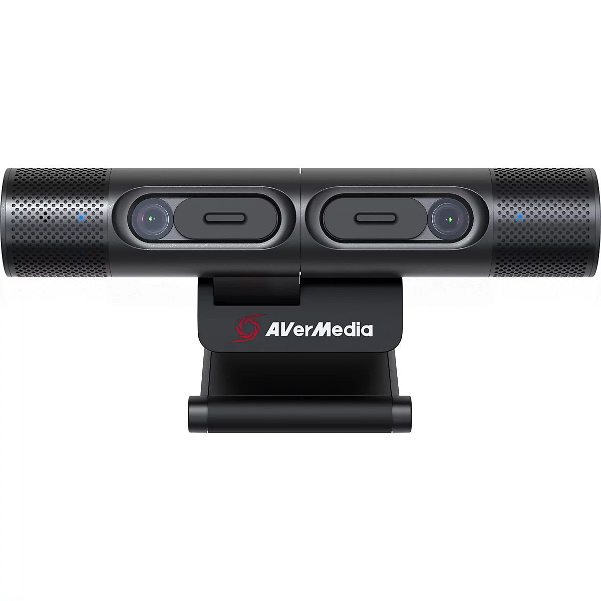 Schwarze AVerMedia Dual-Kamera mit Stativhalterung vor neutralem Hintergrund.