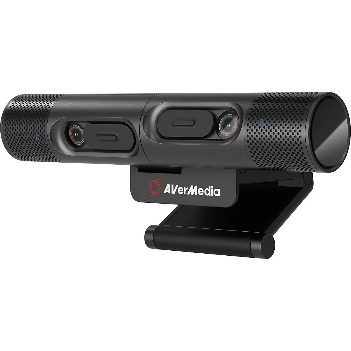 Schwarze AVerMedia Dual-Kamera mit integrierten Objektiven und Mikrofonen auf einem verstellbaren Standfuß.