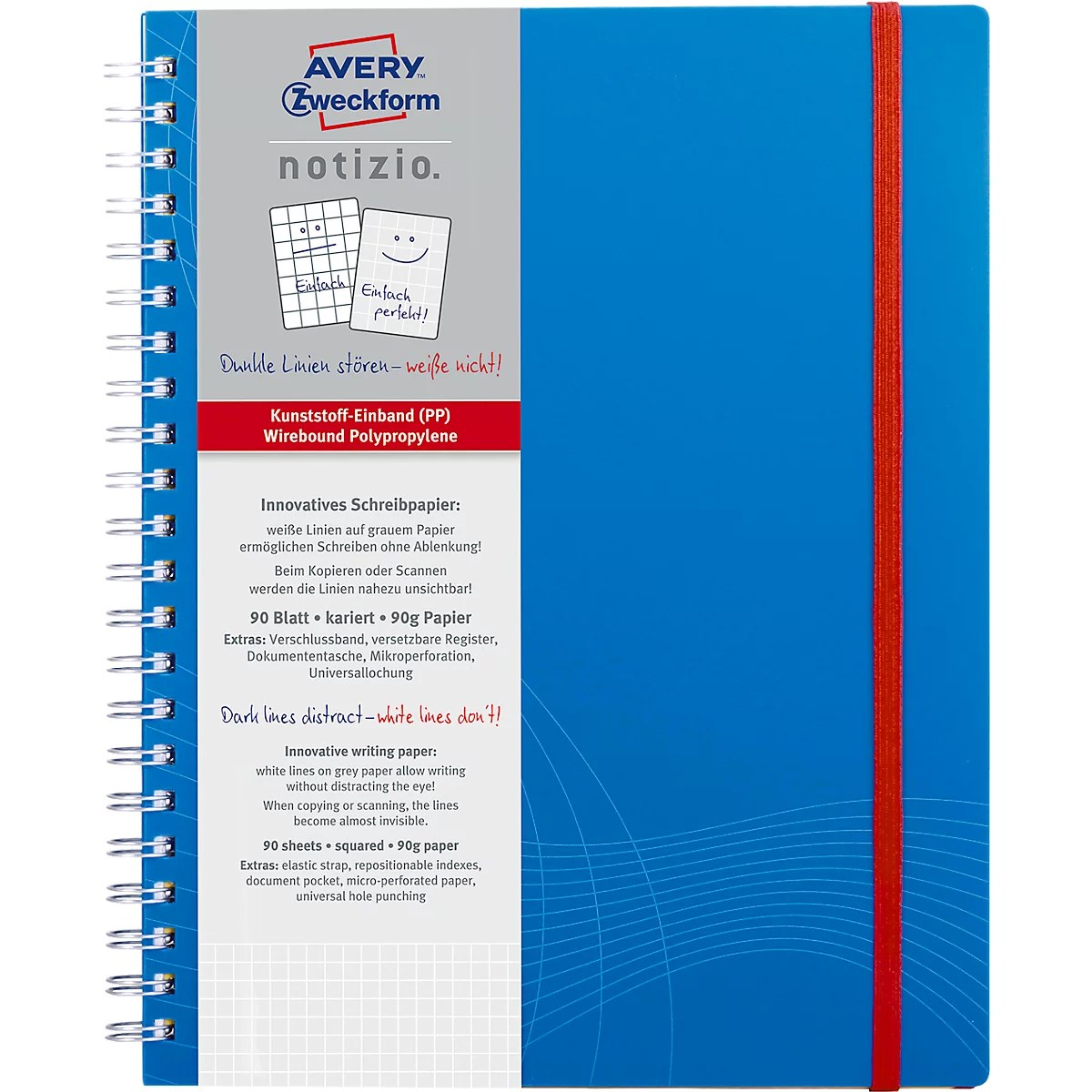 AVERY Cahier à double spirale NOTIZIO, réf. 7037, format A4, couverture en pp, 90 feuilles quadrillé, bleu