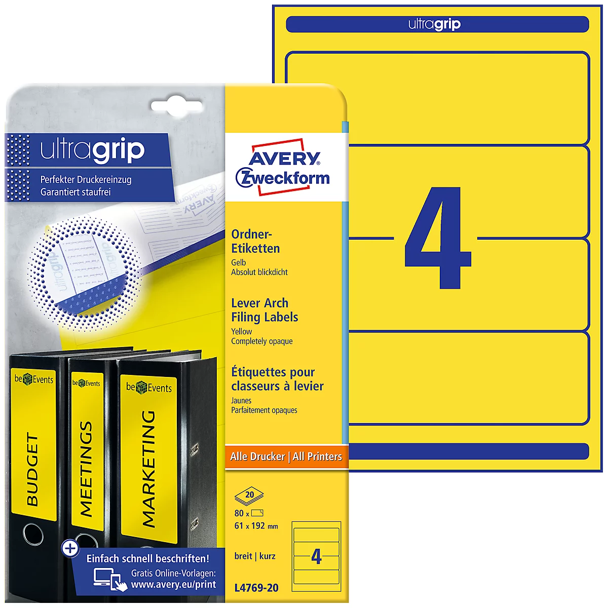 AVERY® doelmap Etiketten, breed, geel, 80 stuks, breed, geel, 80 stuks