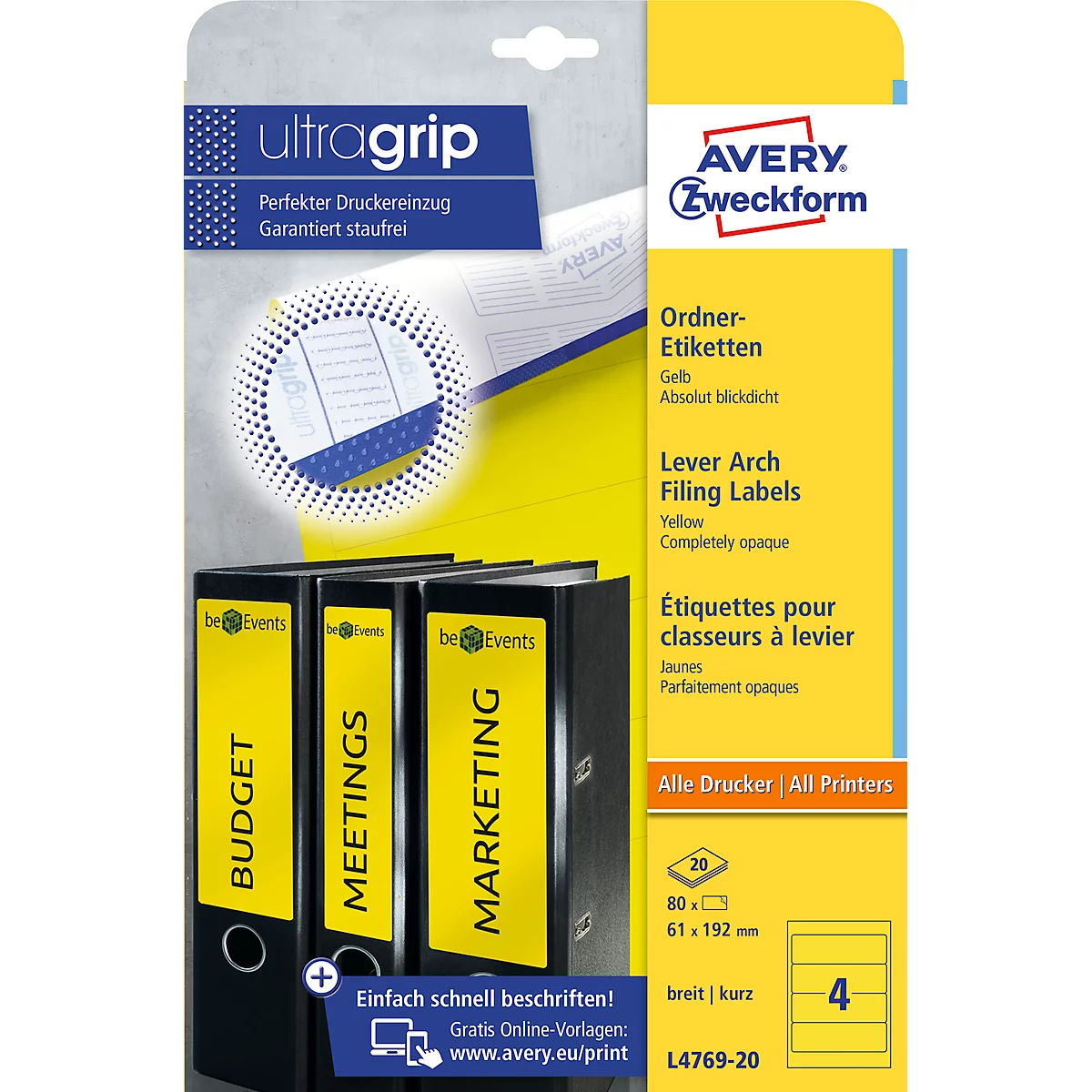 AVERY® doelmap Etiketten, breed, geel, 80 stuks, breed, geel, 80 stuks