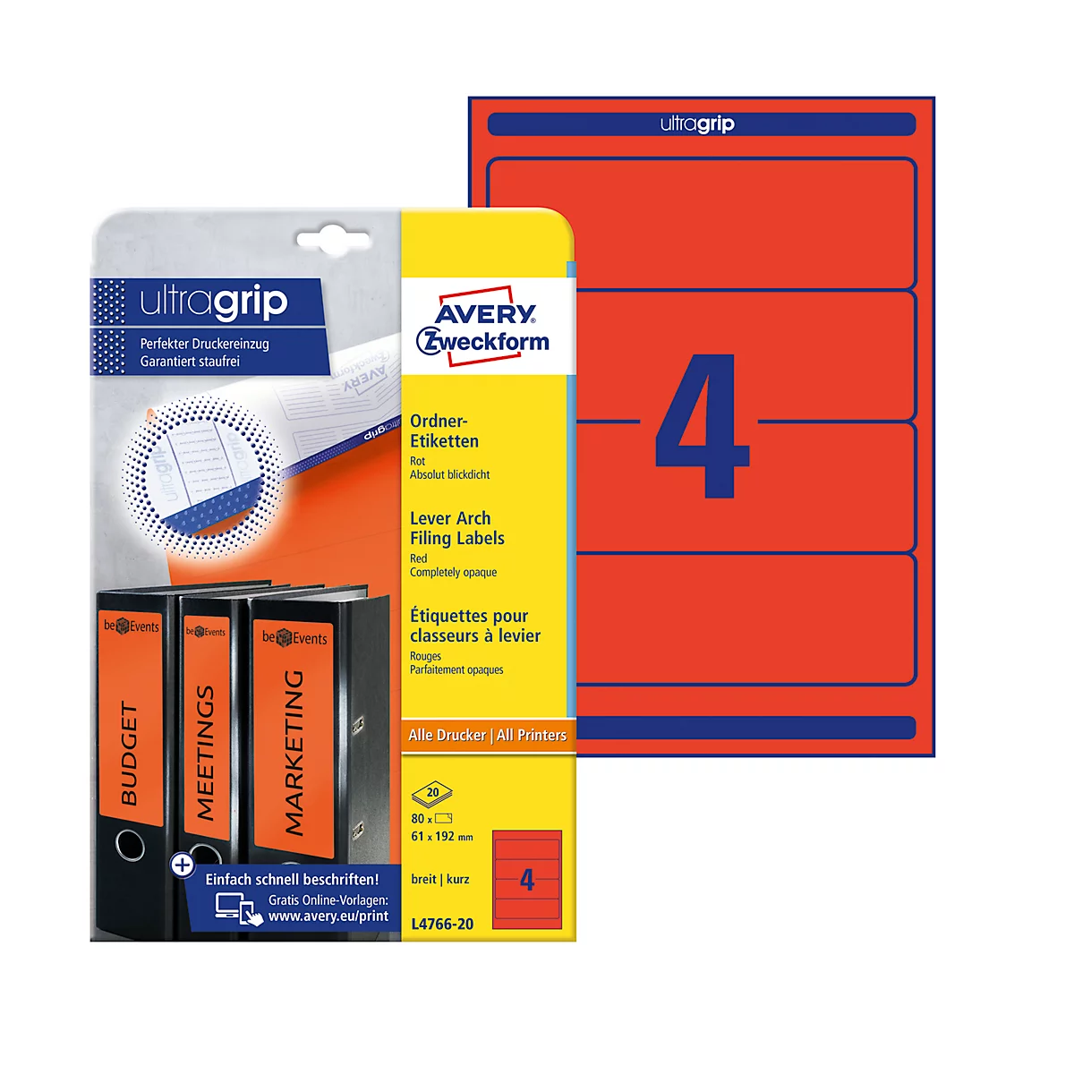 AVERY® doelmap Etiketten, breed, rood, 80 stuks, breed, 80 stuks
