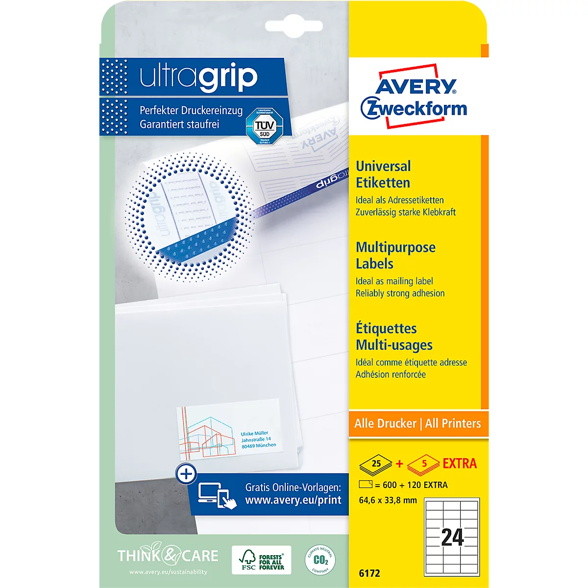 AVERY Doelvorm Universele etiketten 6172, 64,6 x 33,8 mm, 600 + 120 stuks.