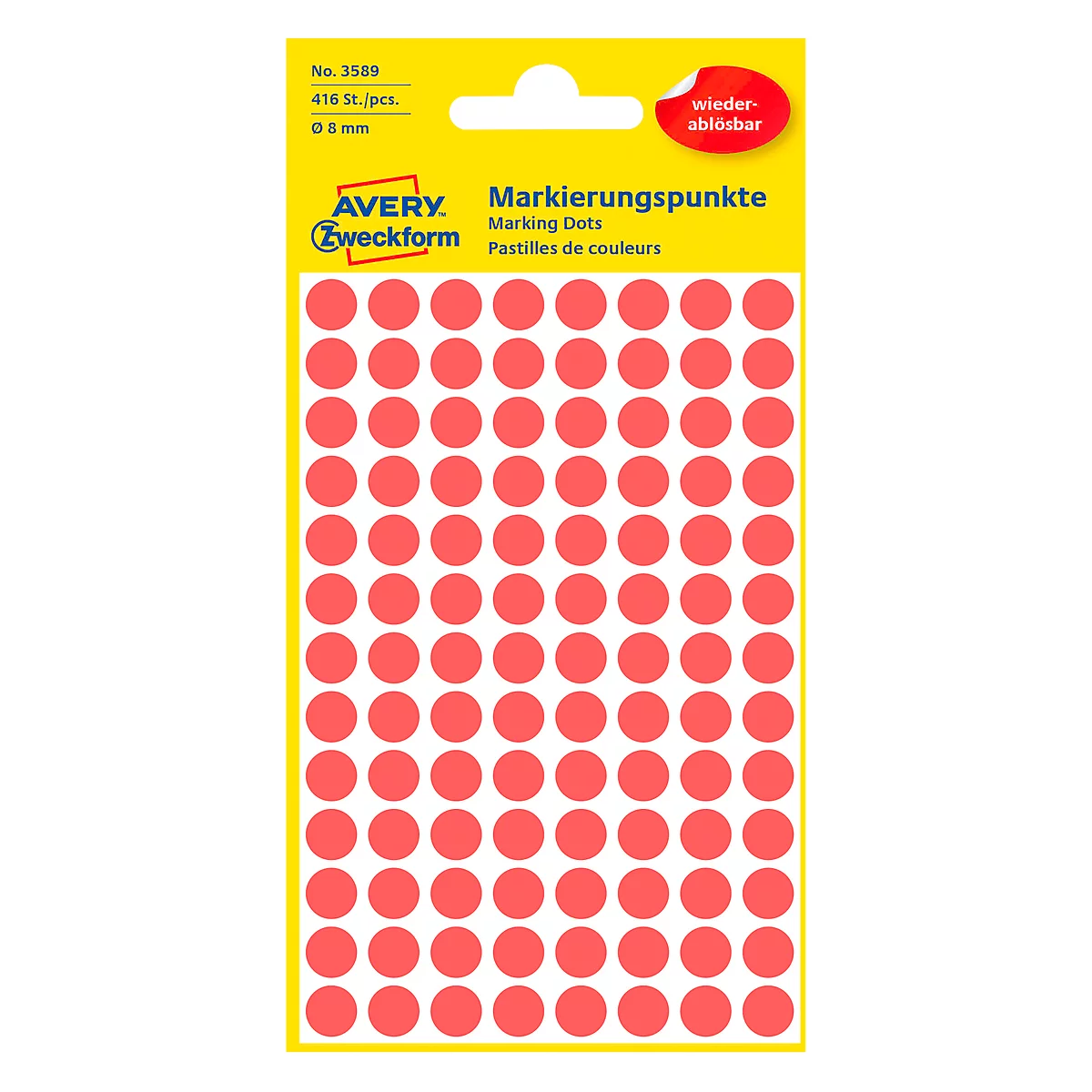 Avery Markierungspunkte 3589, wiederablösbar, 416 Stück, Ø 8 mm, rot