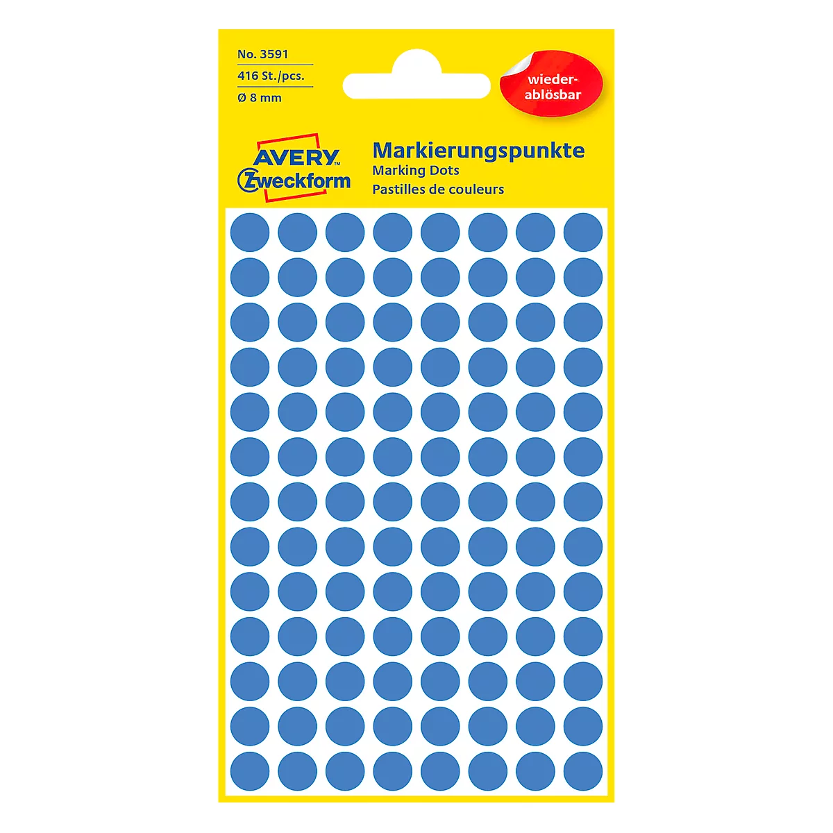 Avery Markierungspunkte 3591, wiederablösbar, 416 Stück, Ø 8 mm, blau