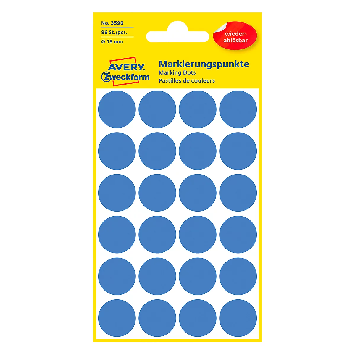 Avery Markierungspunkte 3595, wiederablösbar, 96 Stück, Ø 18 mm, blau