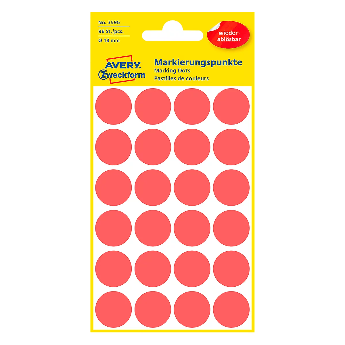 Avery Markierungspunkte 3595, wiederablösbar, 96 Stück, Ø 18 mm, rot