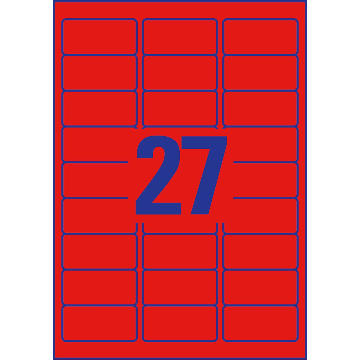 Avery Neon Labels L6003-25, voor etikettering, afneembaar, papier, rood, 63,5 x 29,6 mm, 25 x A4 vellen, 675 stuks.