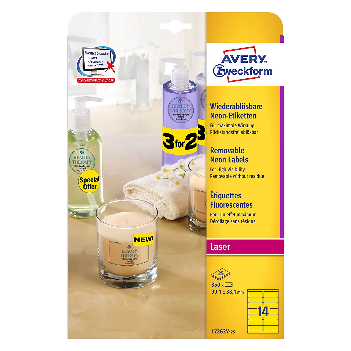 Avery Neon Labels L7263Y-25, voor etikettering, afneembaar, papier, geel, 99,1 x 38,1 mm, 25 x A4 vellen, 350 st.