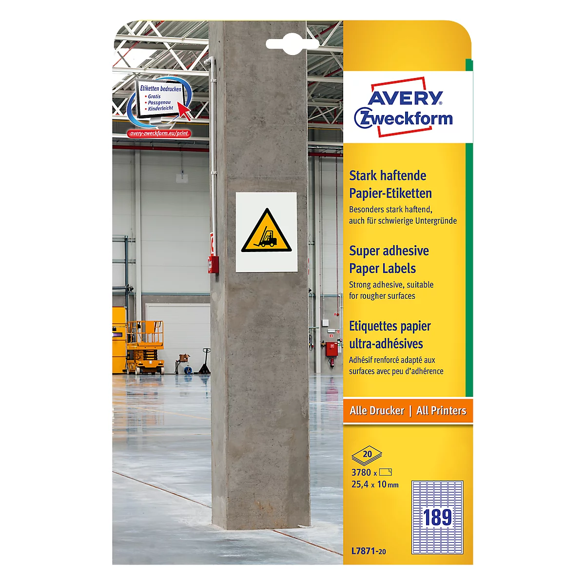 Avery Paper Labels L7871-20, voor etiketten, sterk klevend, wit, 25,4 x 10 mm, 20 x A4 vellen, 3780 stuks.