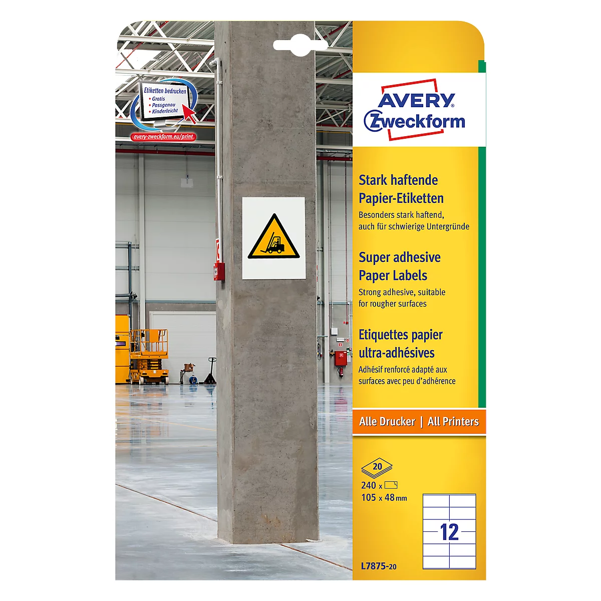 Avery Paper Labels L7875-20, voor etiketten, sterk klevend, wit, 105 x 48 mm, 20 x A4 vellen, 240 stuks.