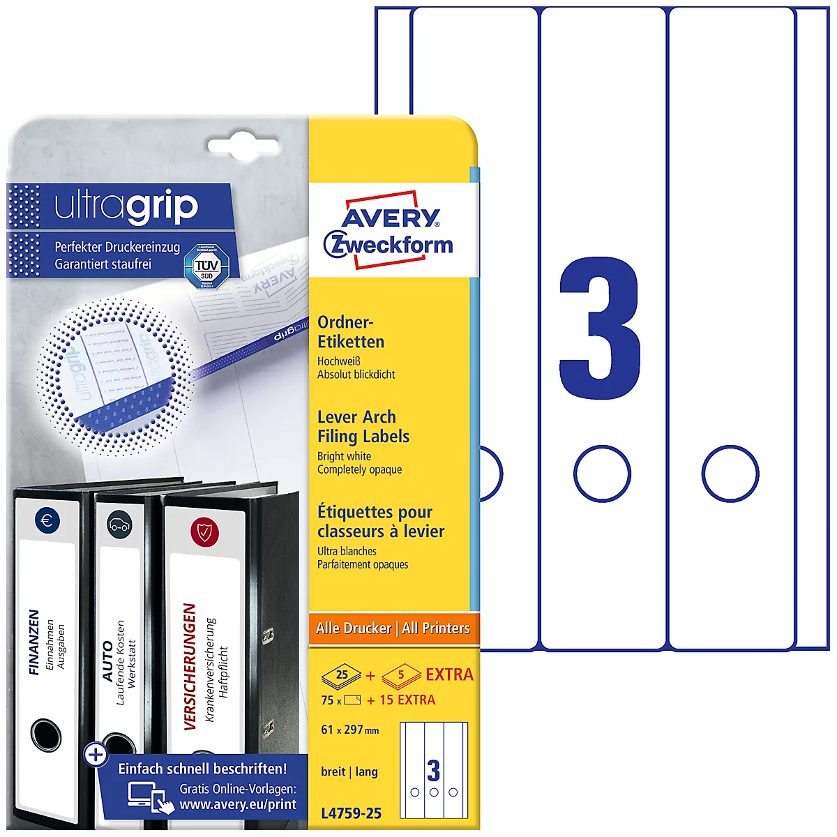 AVERY Printbare rugetiketten - L4759 - zelfklevend - 297 x 61 mm - 90 etiketten - 25 vellen - wit