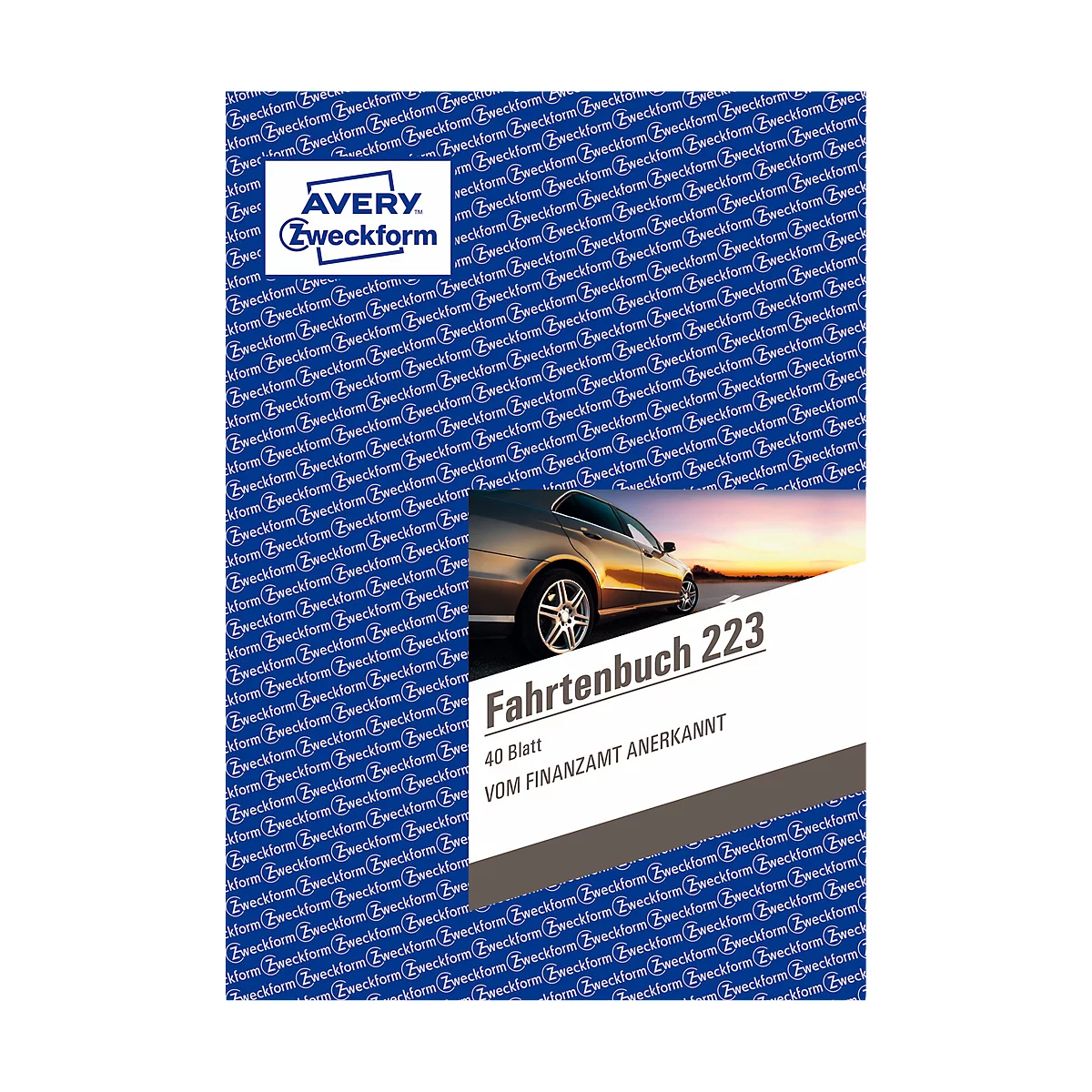 Trip book 223 by Avery Zweckform. On a blue background with a car illustration.