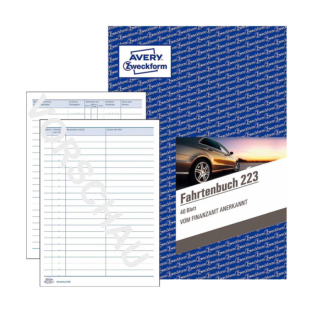 Logbook, sheets, Avery Zweckform. Blue cover with car. Sheets with tables.