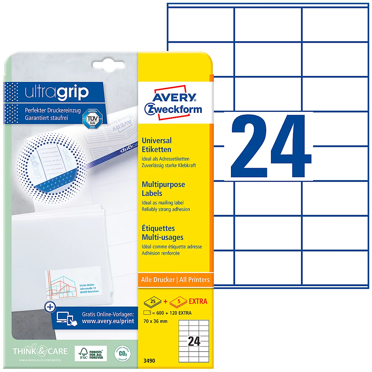 Verpakking met 24 witte etiketten, naast een vel met dezelfde etiketten. Opdruk: Avery Zweckform, ultragrip, universele etiketten.