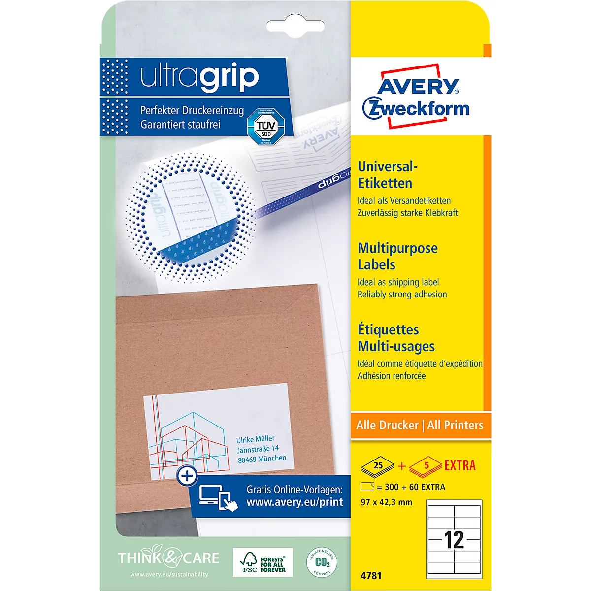 Verpakking van Avery Zweckform etiketten. Afdrukken: Universele etiketten, multi-usage, gratis online sjablonen.