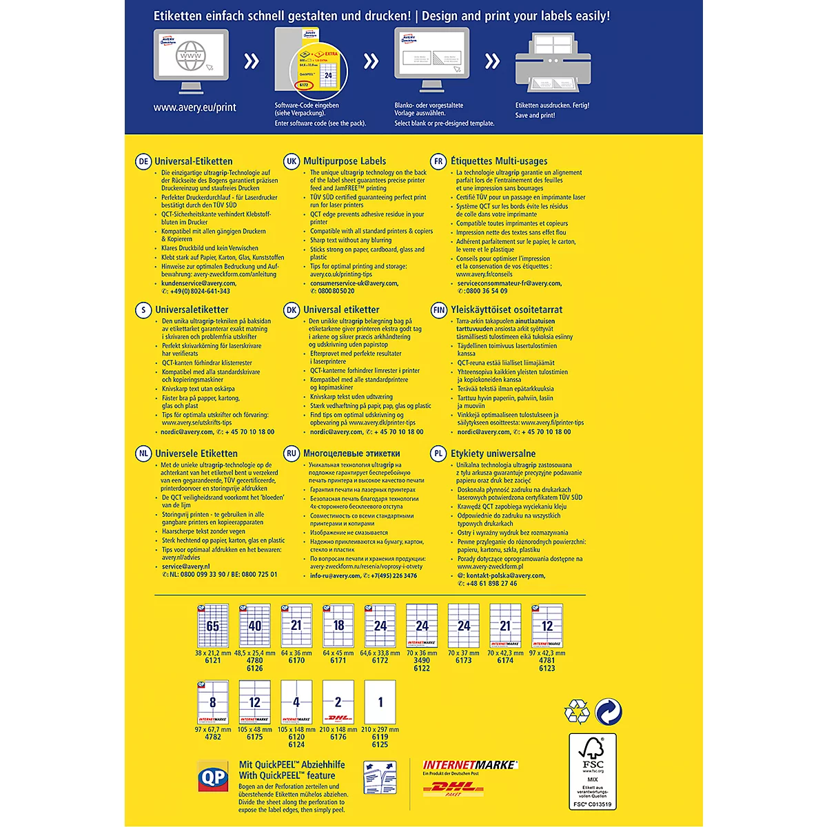 Geel en blauw etiketpakket met tekst en pictogrammen die het ontwerpen en afdrukken van etiketten promoten.