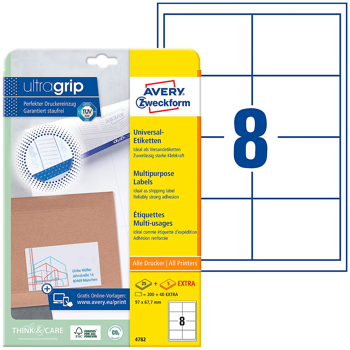 Een pakket Avery Zweckform universele etiketten met 8 etiketten, naast de verpakking de etiketten zelf.