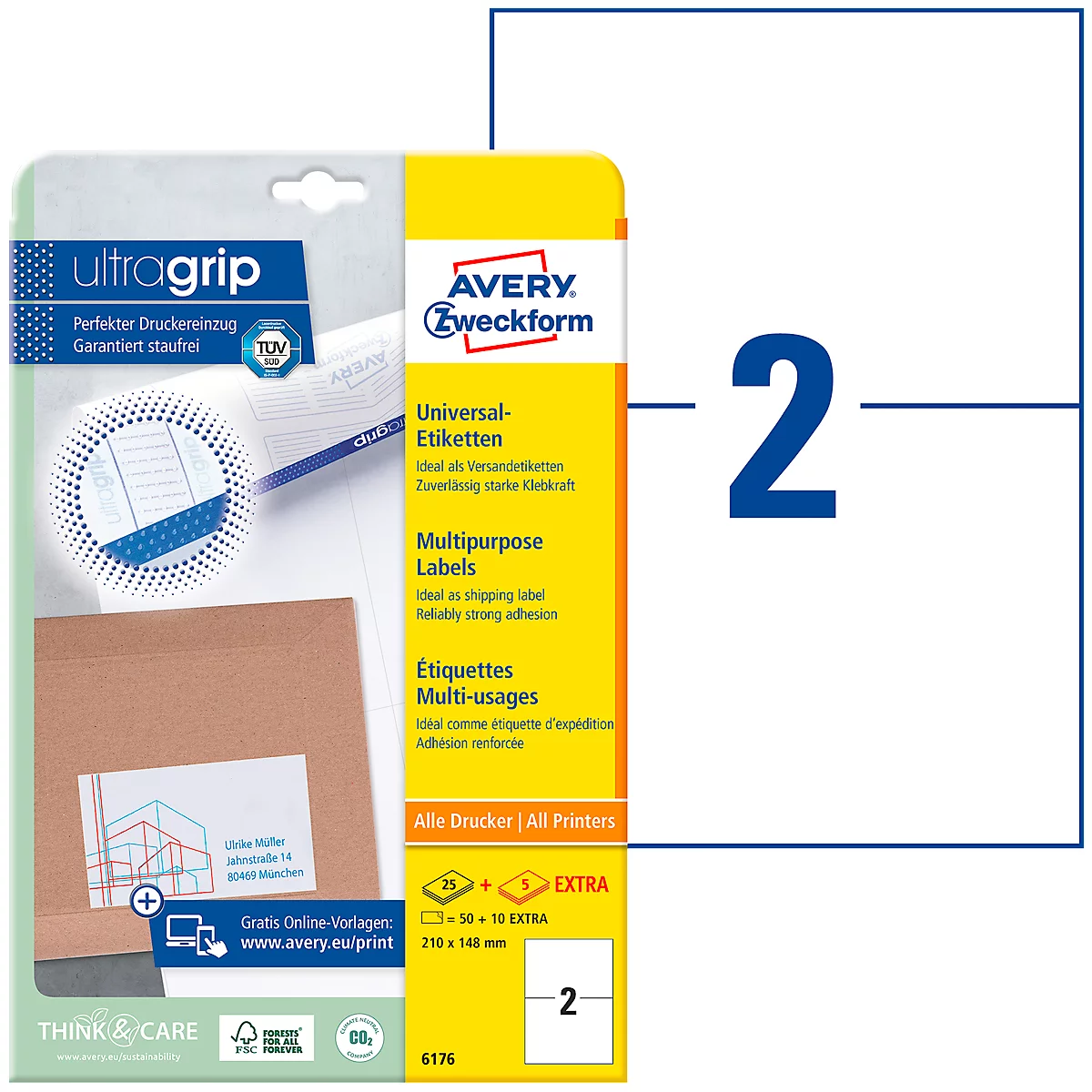 Productverpakking van Avery Zweckform universele etiketten met de opdruk "ultragrip" en het nummer "2".