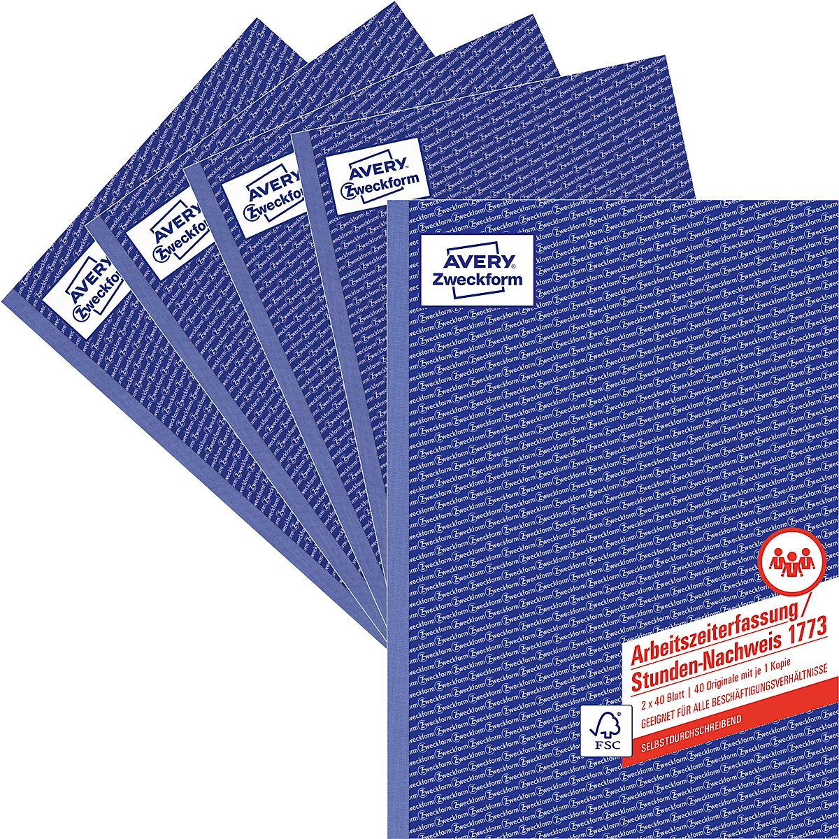 Fanned out blue time tracking blocks. Inscription: Avery Zweckform, time tracking/time record.