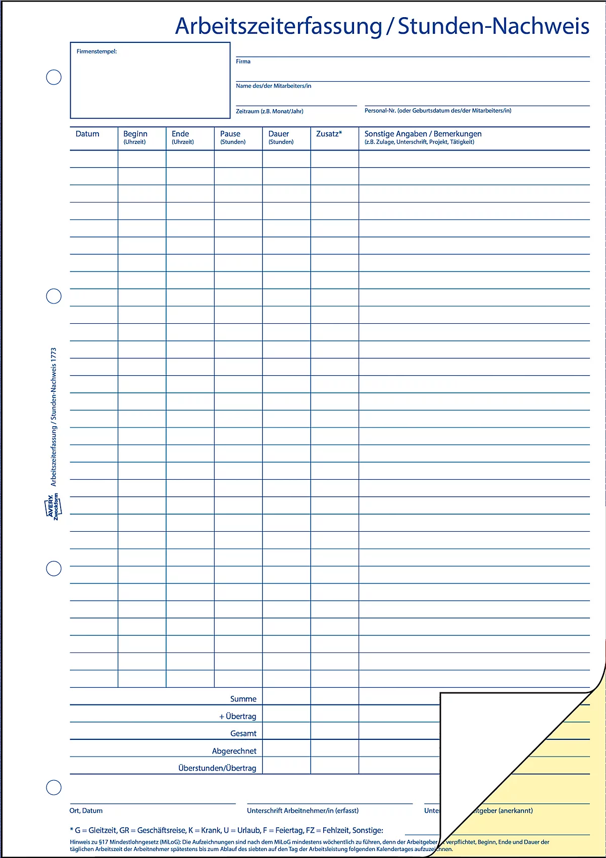 Avery Zweckform 1773-5 Stunden-Nachweis, Format A4, 5 Bücher mit jeweils 2 x 40 Blatt, FSC®-Papier, 5 Stück, weiß/gelb