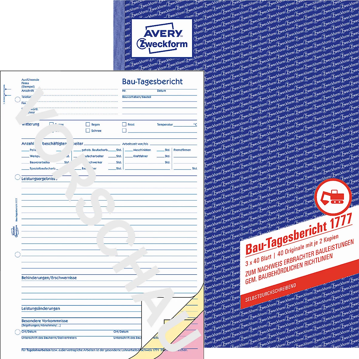 Avery Zweckform 1777-5 Bau-Tagesbericht, Format A4, 5 Bücher mit jeweils 3 x 40 Blatt, FSC®-Papier, weiß/gelb/rosa