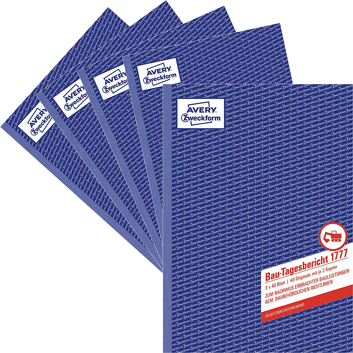 Avery Zweckform 1777-5 Bouwdagrapport, formaat A4, 5 boeken met elk 3 x 40 vellen, FSC® papier, wit/geel/roze
