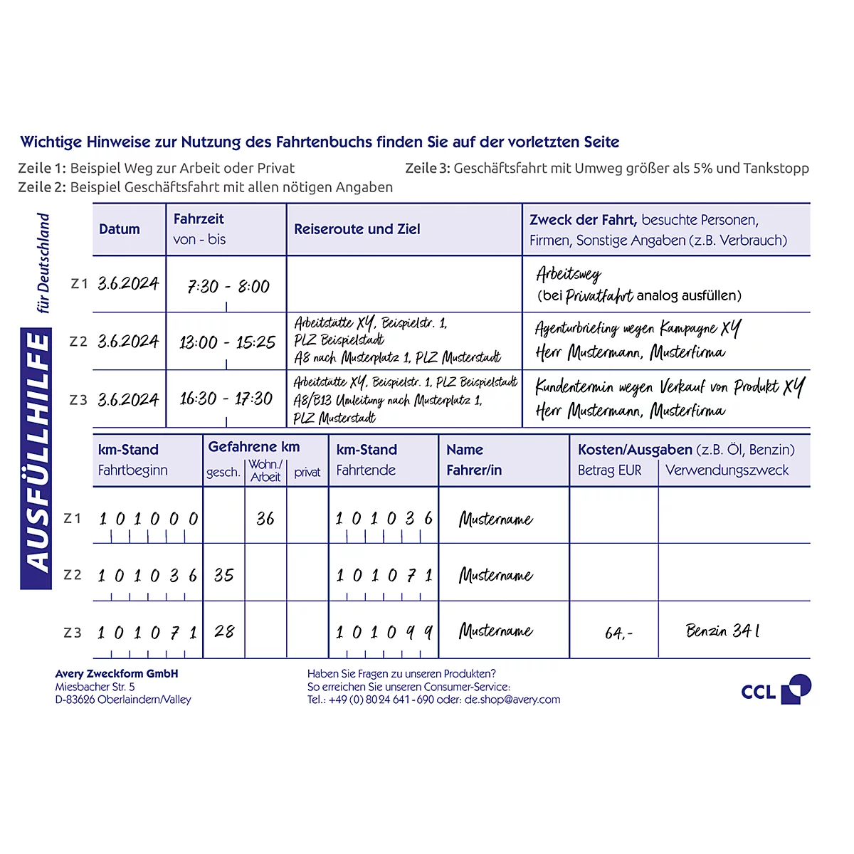 A white logbook with blue lettering and tables, handwritten entries. At the top it says "Important notes".